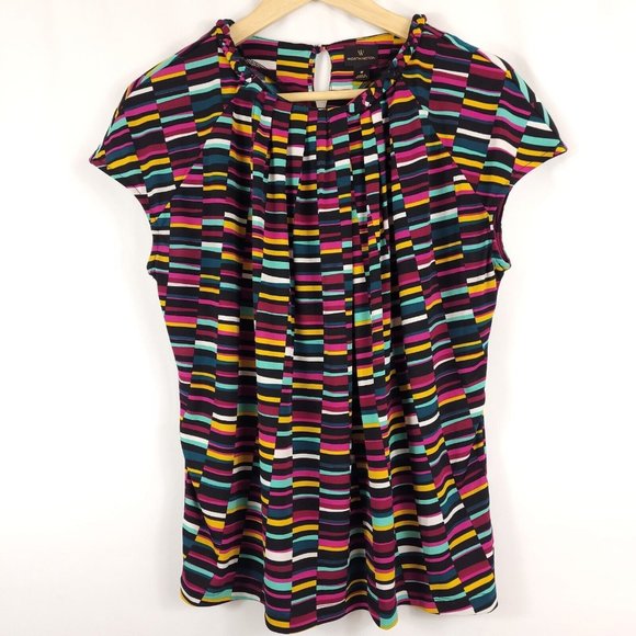 Worthington Womens Short Sleeve Pleated Striped Multi-Colored Blouse Size M - Picture 1 of 7